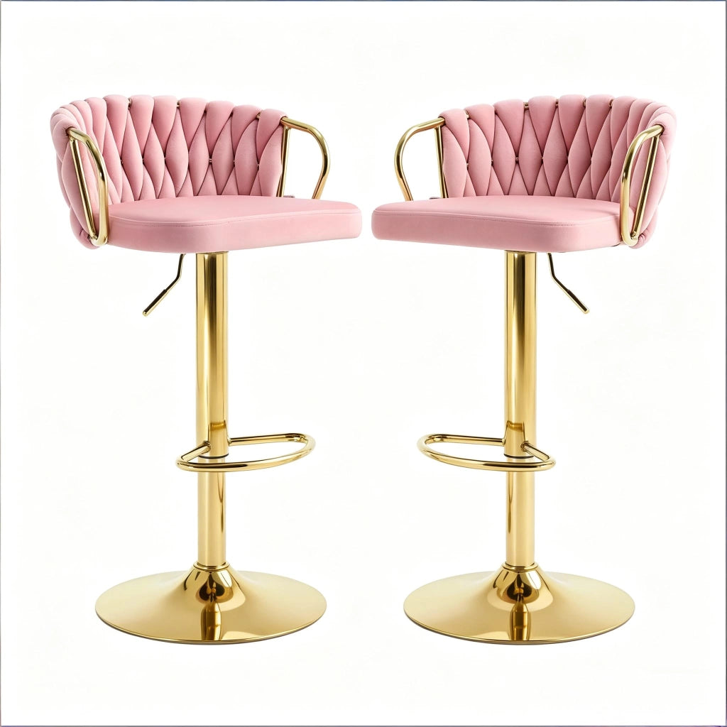 Set 2 sgabelli da bar girevoli in velluto rosa con altezza regolabile e struttura in metallo