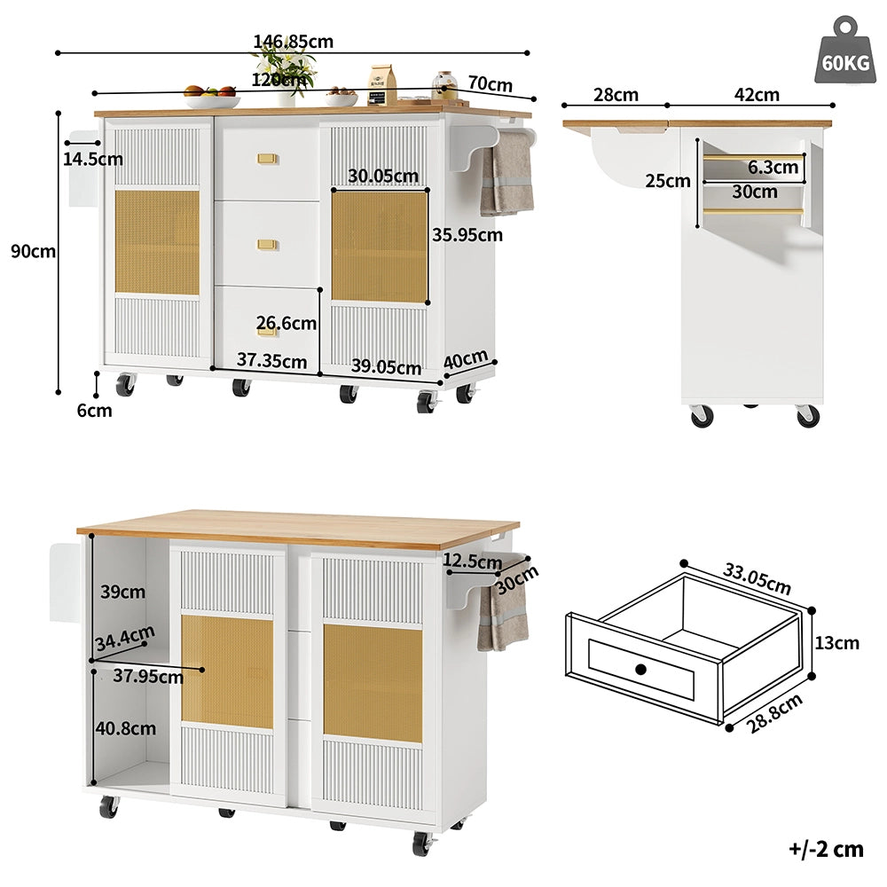 Isola cucina - Xylo - 120x73x93cm ruote scaffali spezie bianco