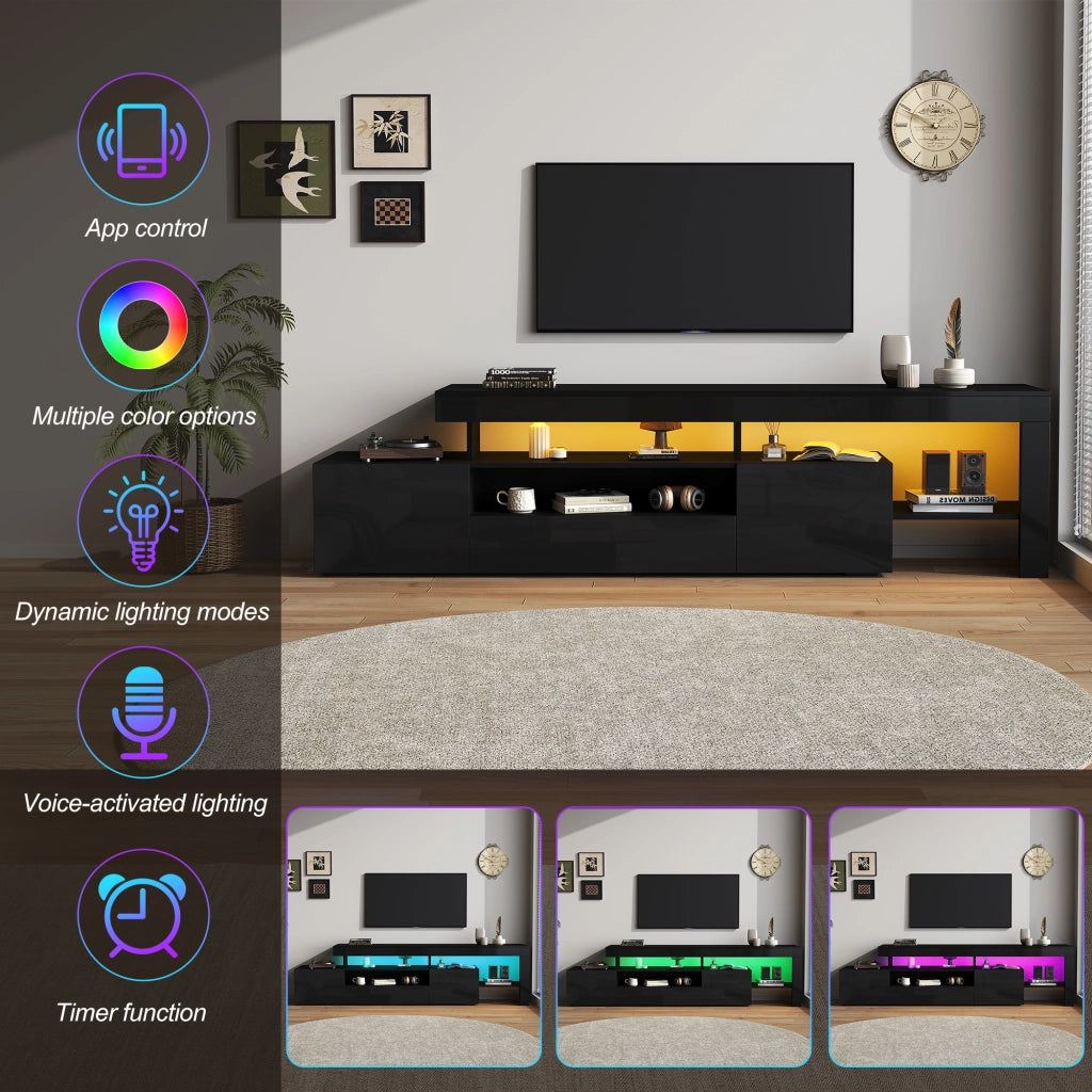 Mobile porta TV con LED, 3 ante e vani aperti, per soggiorno, in pannello truciolare, nero, 192 × 37 × 53 cm