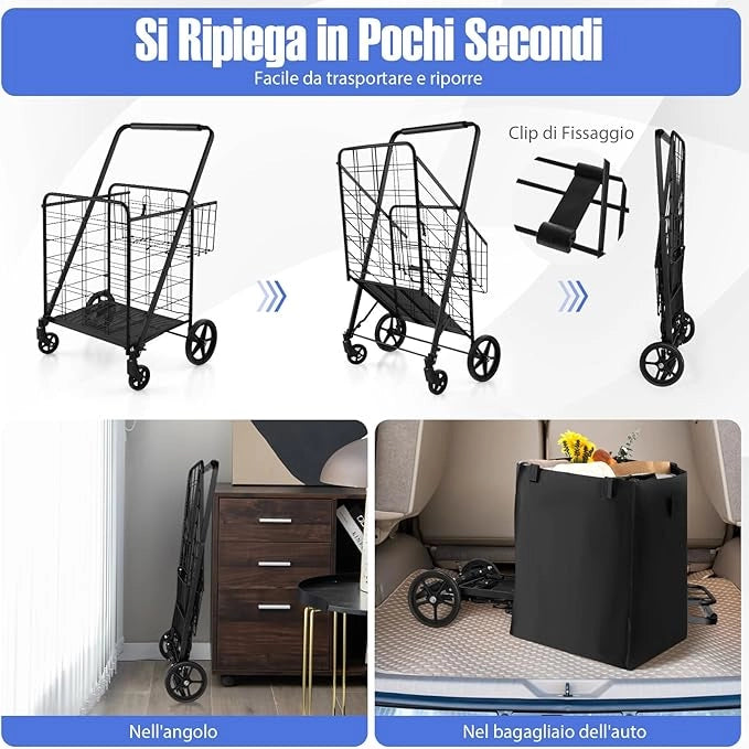 Carrello Portaspesa Pieghevole con Sacca, Carrello della Spesa Pieghevole con Ruote Girevoli a 360°, 2 Cesti, Capacità di Carico: 150 kg, 126 L, 66 x 64 x 103 cm (Nero)
