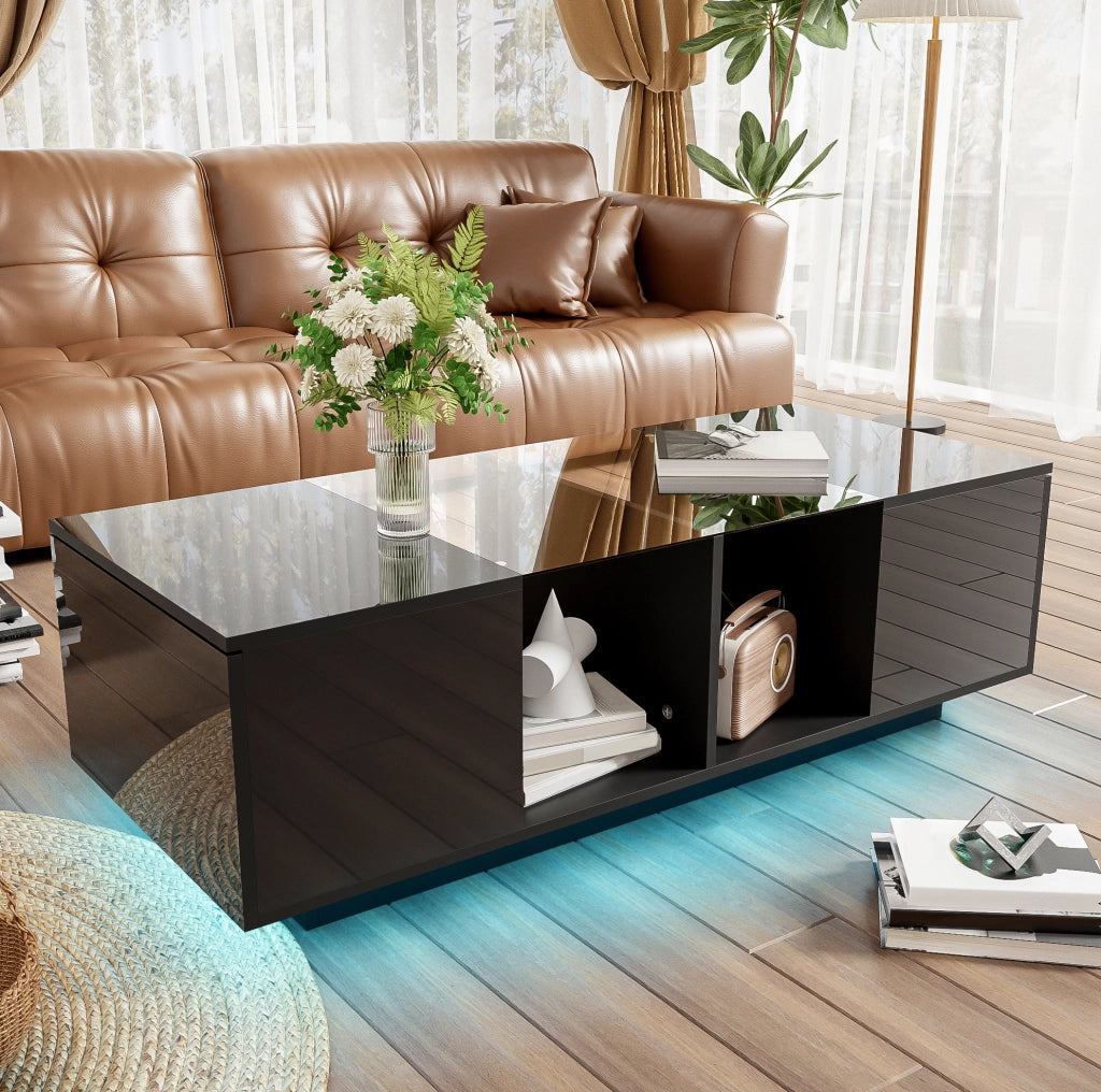 Tavolino da caffè nero con LED RGB e piano in vetro