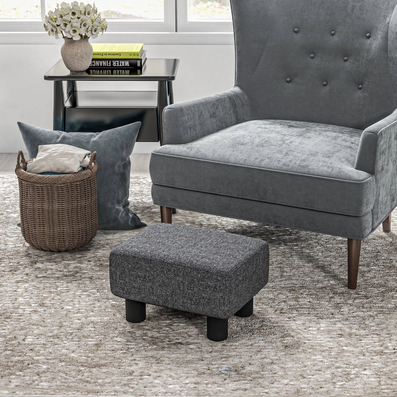 Sgabello imbottito in lino effetto naturale, design rettangolare, colore grigio scuro, 40 x 30 x 24 cm