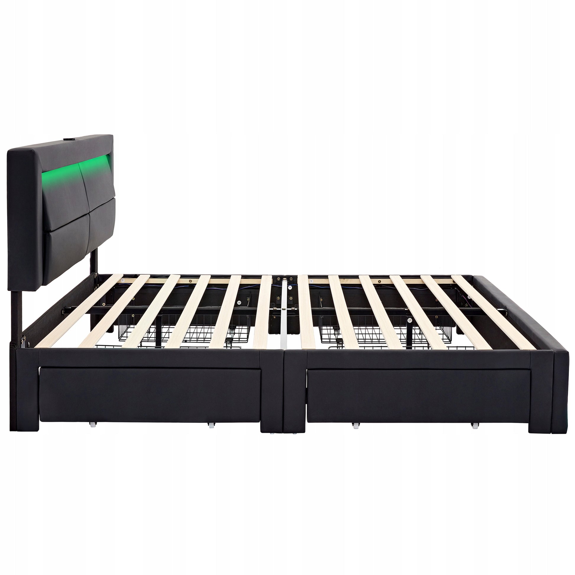 Letto 140x200cm - Xylo - USB, LED, 4 Cassetti, Pelle Nera