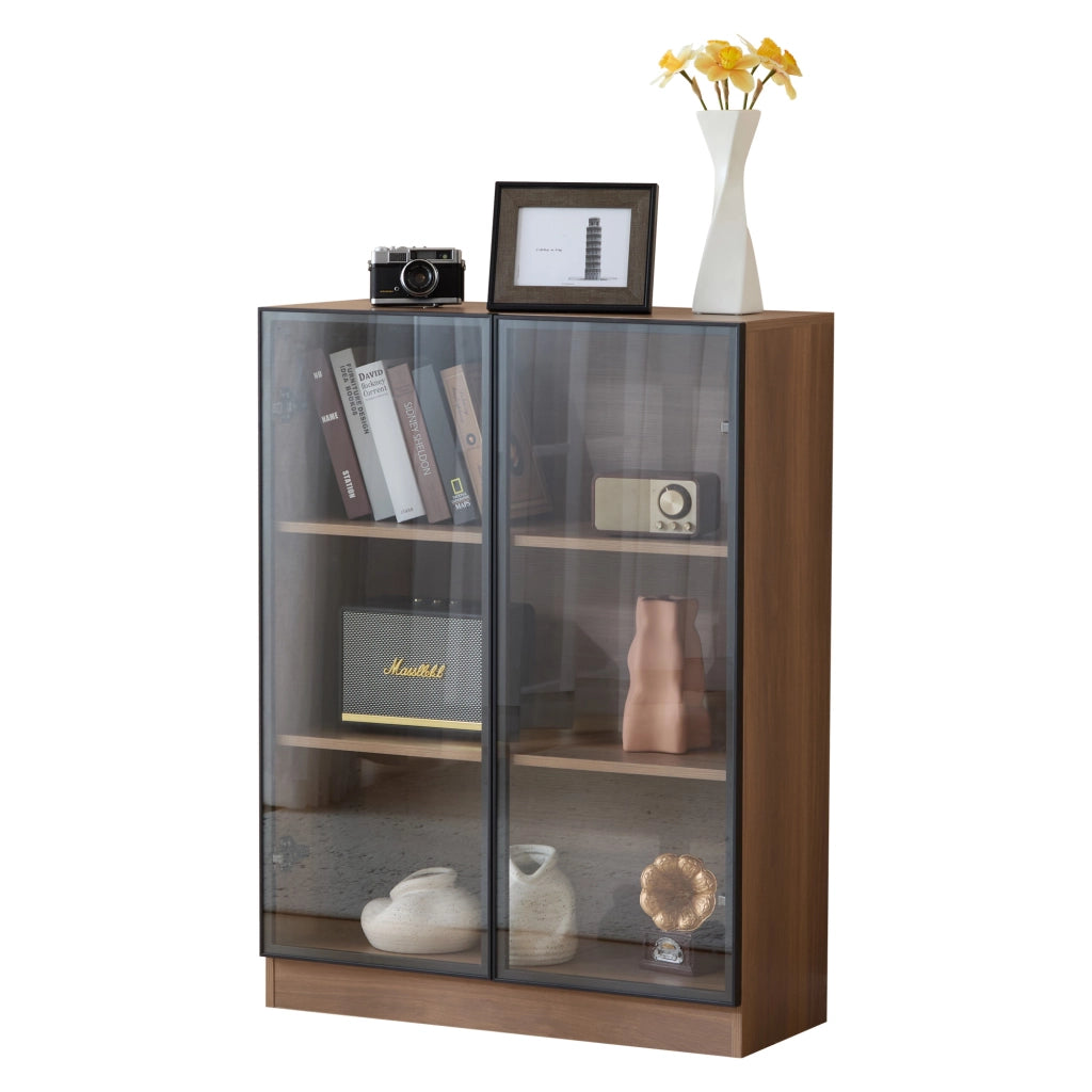 Vetrina in vetro con LED, finitura Natural Walnut, struttura in vetro e pannelli truciolari, 80 x 30 x 106 cm