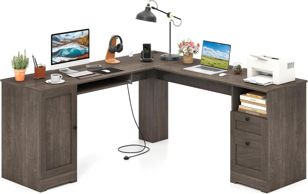 Scrivania ad Angolo a Forma di L, Scrivania per Studio in Legno con 2 Cassetti, Tavolo per computer per Ufficio Studio, 168 x 168 x 76 cm (Grigio)