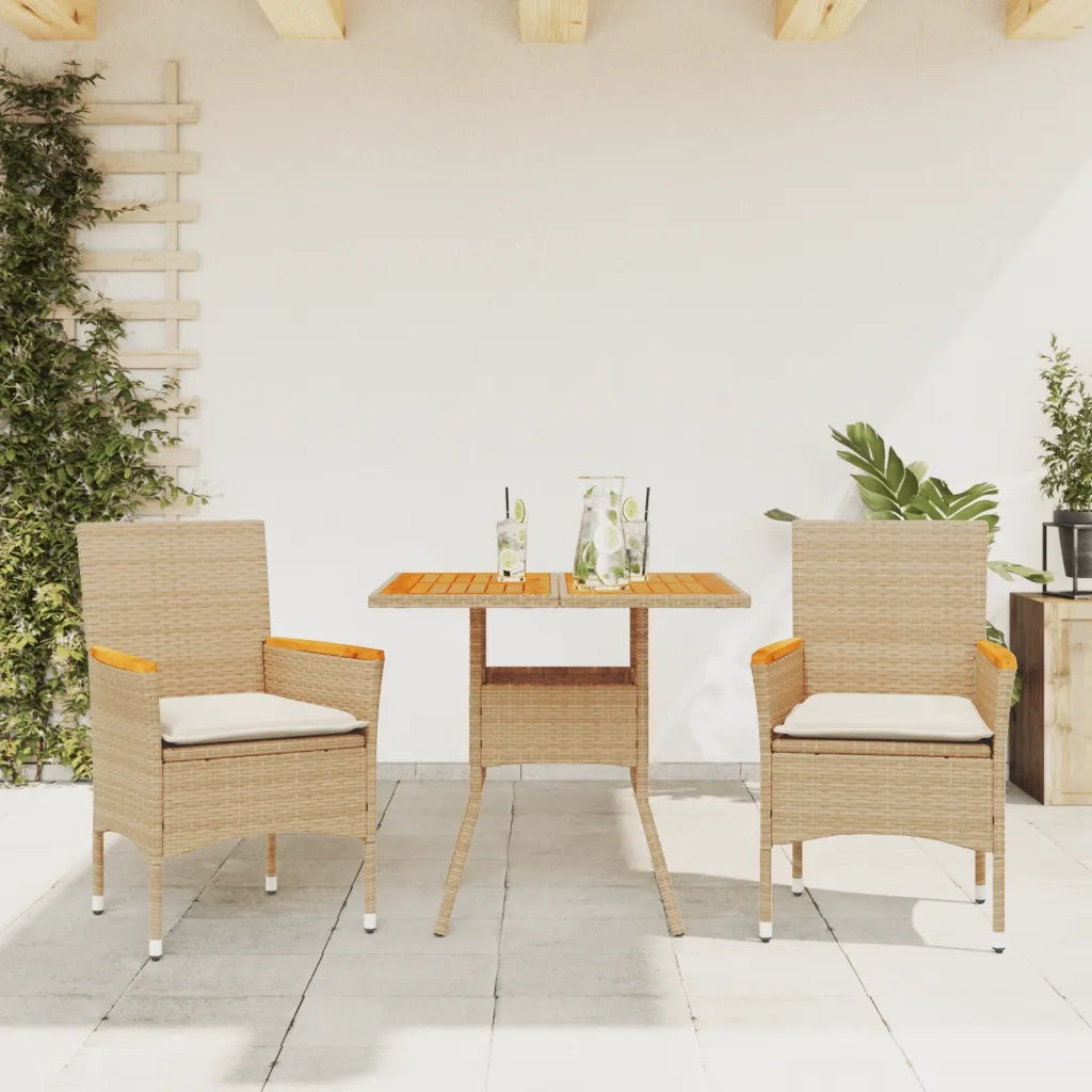Set Pranzo da Giardino 3 pz | Set Salotto da Giardino con Cuscini Beige Polyrattan Acacia