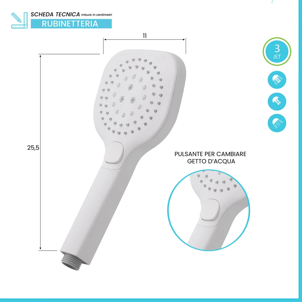 Doccino arrotondato 26 cm con tre tipi di getto bianco opaco in ABS Hidra