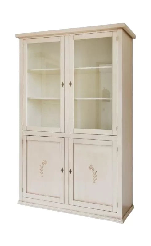 Vetrina 4 ante in legno shabby avorio anticato decorata 120x41x187 - Mobili 2G