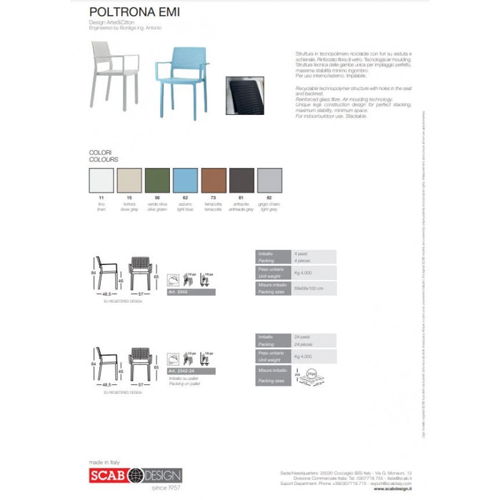 SET 4 PEZZI SEDIA EMI CON BRACCIOLI TECNOPOLIMERO MADE IN ITALY SCAB DESIGN - Lino 11