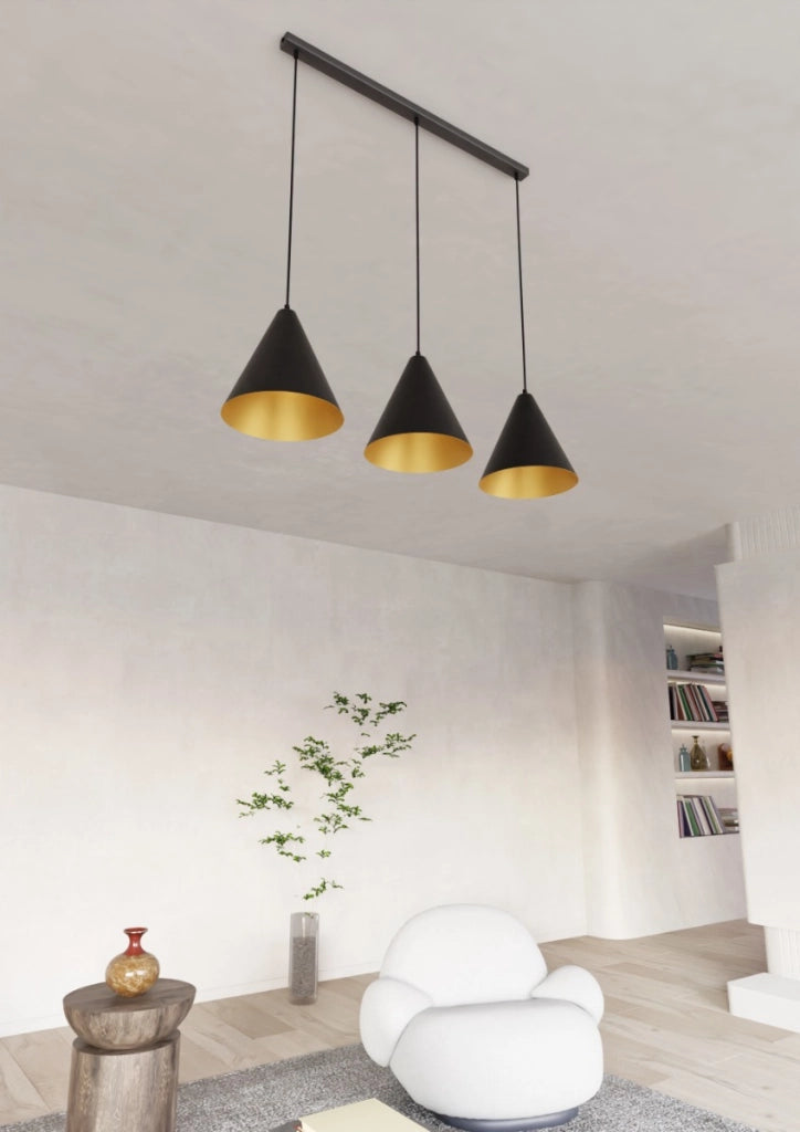 Lampadario sospensione Rebel 3 luci nero oro Emibig