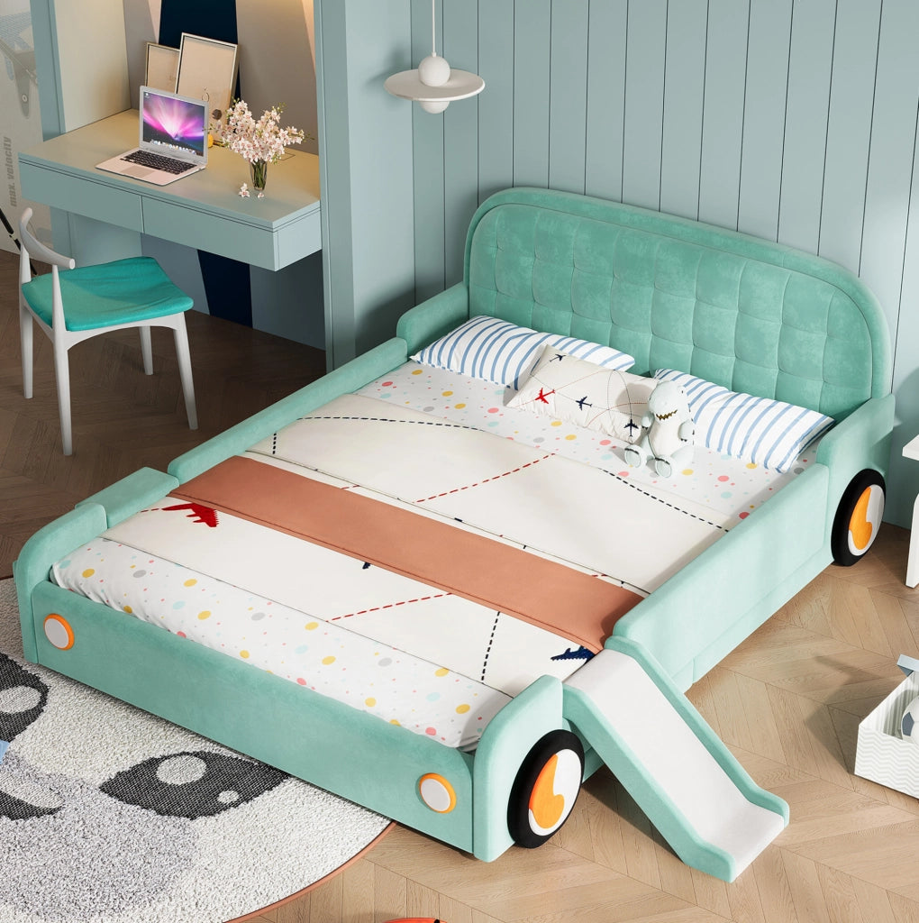 Letto per bambini 140x200 cm a forma di auto con scivolo e scala reversibili in velluto blu-verde
