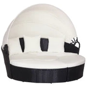 Set 4 Pzi Divano Circolare da Giardino, Mobili Componibili Rattan Nero, Tettuccio e Cuscini Beige 180x175x147cm