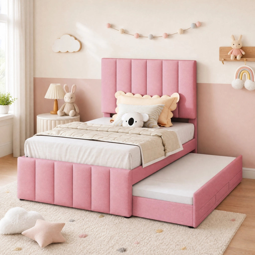 Letto imbottito singolo 90x200 cm con letto estraibile e 3 cassetti; rosa
