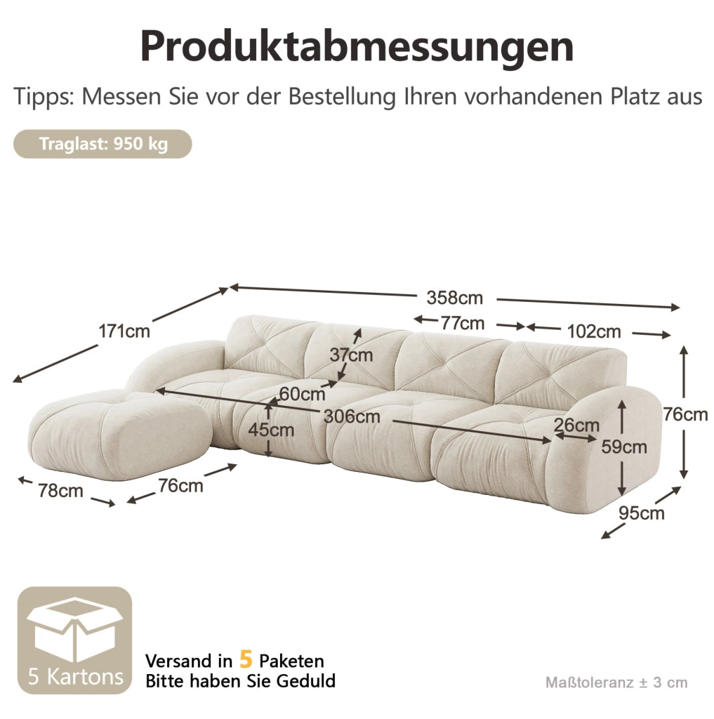 Divano modulare angolare 358x171x76 cm in chenille beige chiaro; design senza struttura