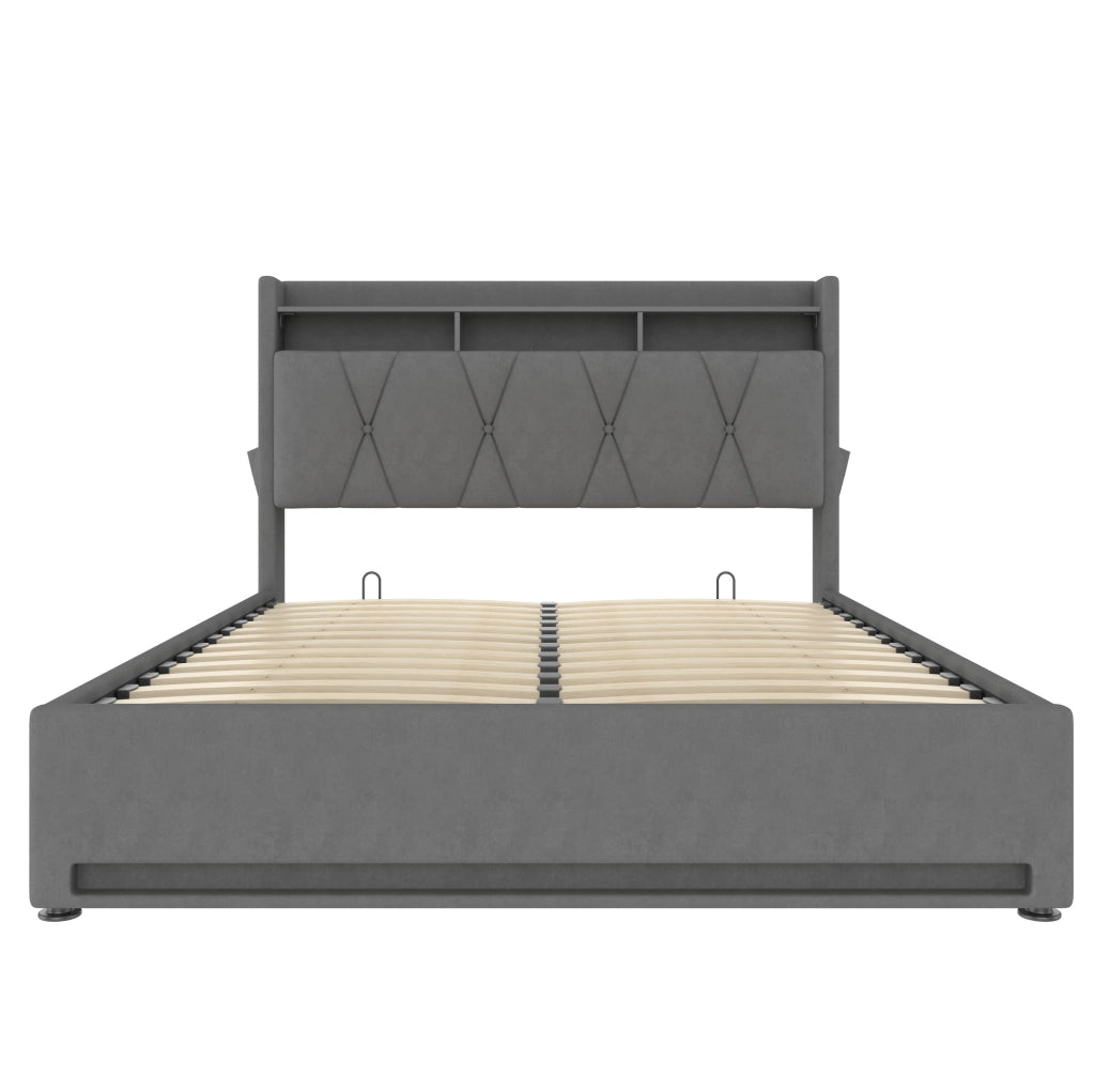 Letto imbottito 160x200 cm con LED e contenitore; testiera portaoggetti in velluto grigio scuro