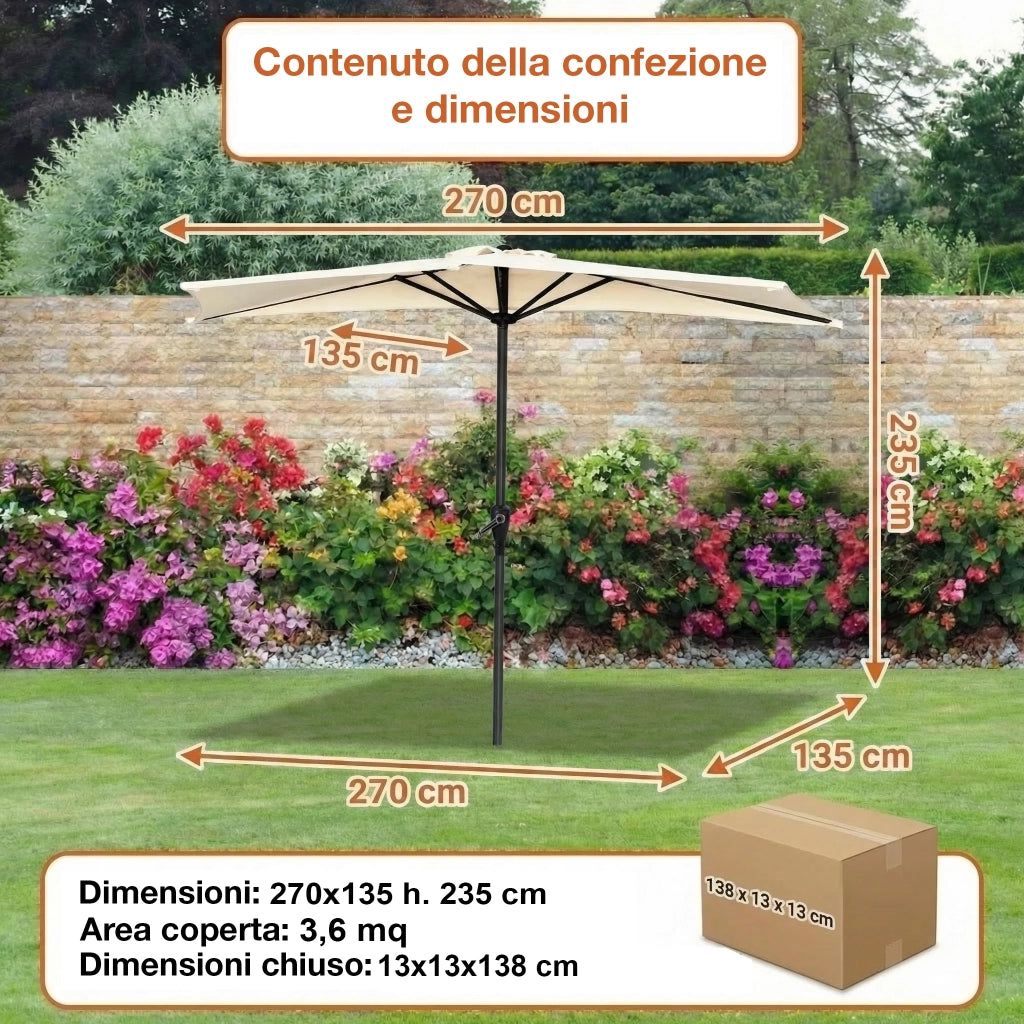 Ombrellone da giardino mezzaluna Soleo (270cm), acciaio e poliestere, palo diam. 38 mm, apertura antivento con manovella, senza base