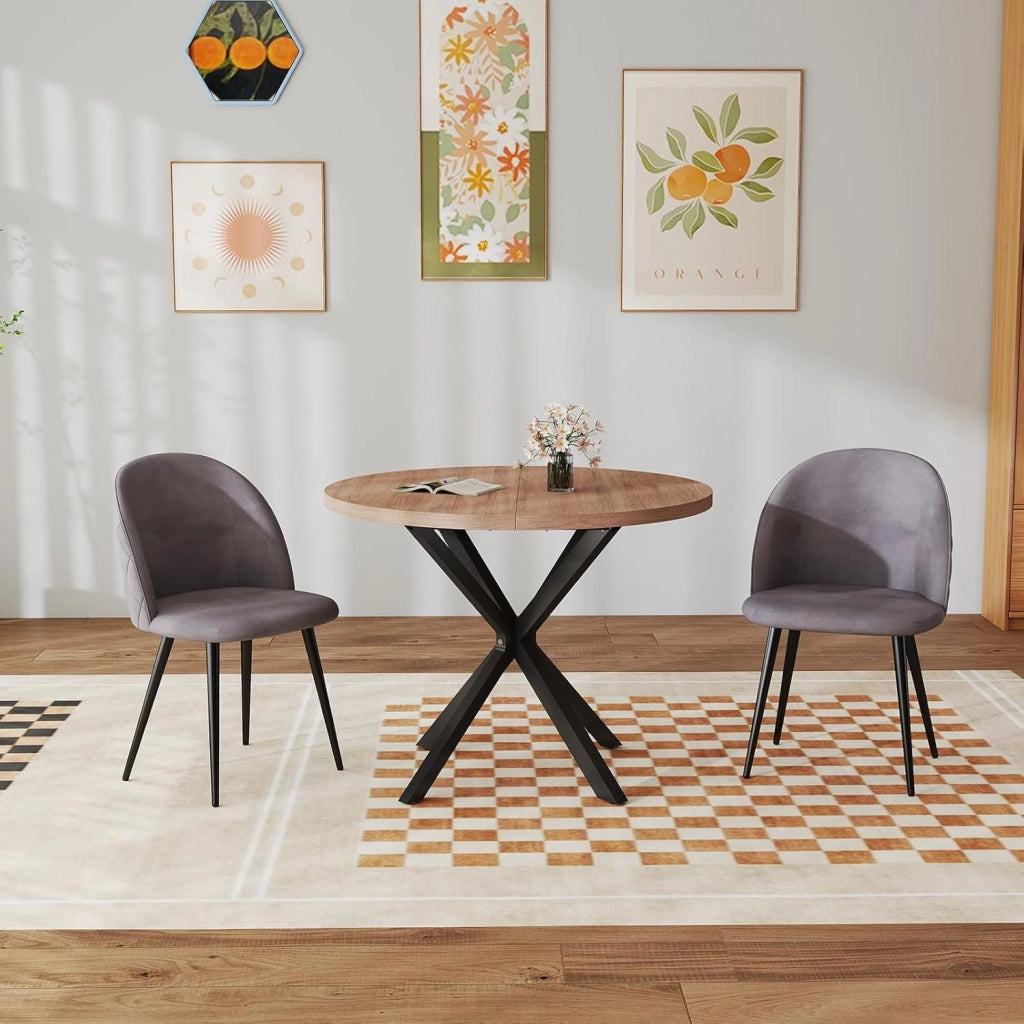 GrandCA HOME Set Tavolo e Sedie da Pranzo, Tavolo Rotondo da 100 cm e 4 Sedie in Velluto Nordico, Adatto a Soggiorno, Sala da Pranzo e Cucina (Venature in Legno Scuro + Verde)