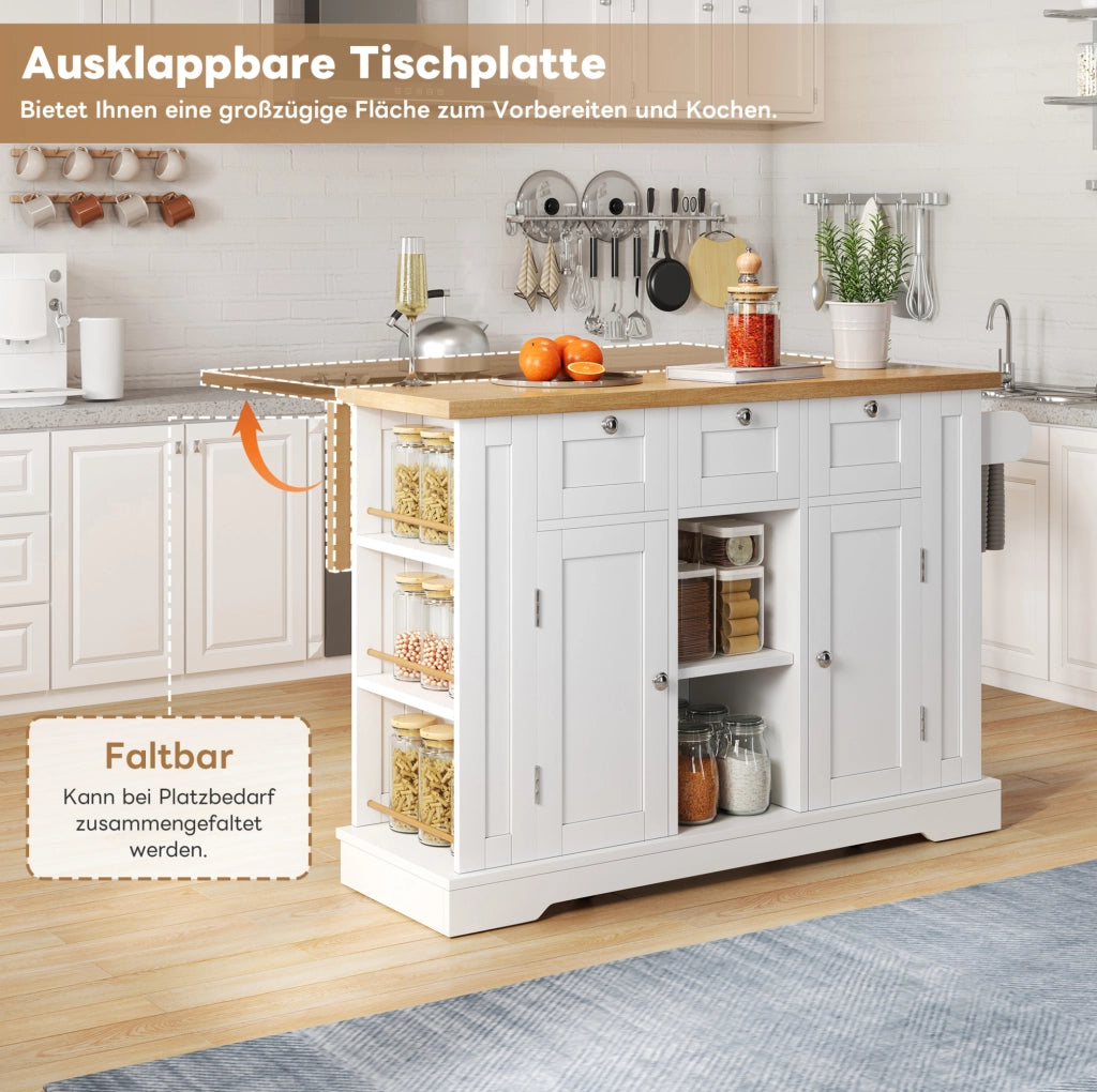 Isola cucina mobile con piano pieghevole e presa USB, 132 cm