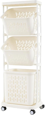 Cesto Portabiancheria Stretto a 3 Scomparti con 4 Ruote e Mensola, 40 x 30 x 112 cm, Bianco, per Lavanderia e Bagno