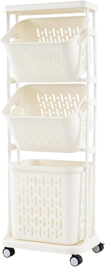 Cesto Portabiancheria Stretto a 3 Scomparti con 4 Ruote e Mensola, 40 x 30 x 112 cm, Bianco, per Lavanderia e Bagno
