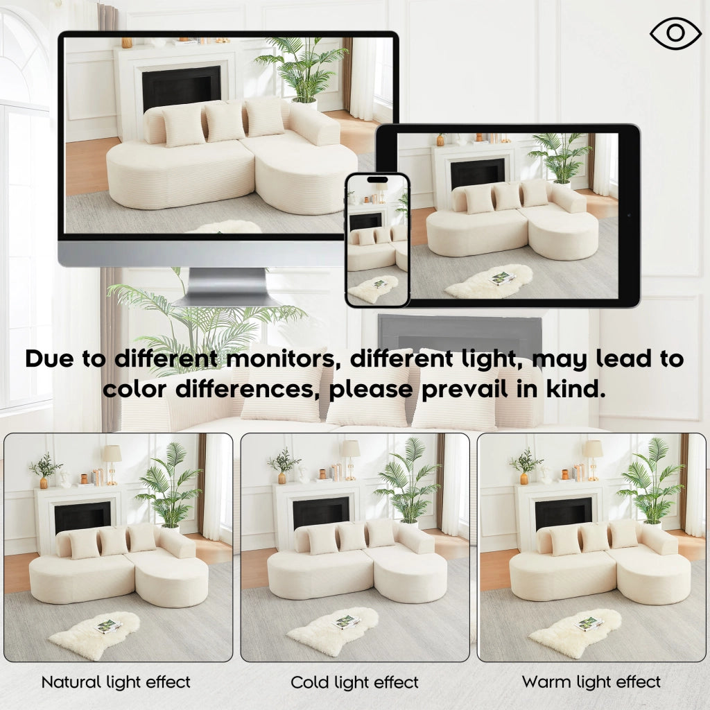 Divano angolare a L con chaise longue curva tre cuscini senza montaggio in velluto a coste beige 220 × 155 × 70 cm