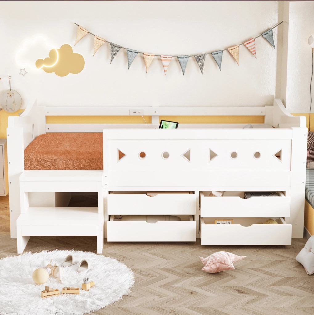 Letto singolo per bambini 90x200 cm con 4 cassetti; LED; USB e Type-C; bianco