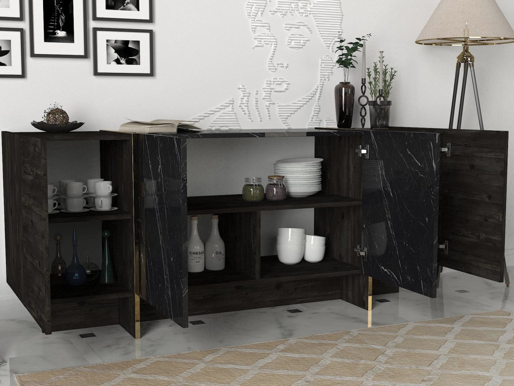 Credenza in legno "Veyron" - 180 x 46 x 75 cm - Nero/Oro