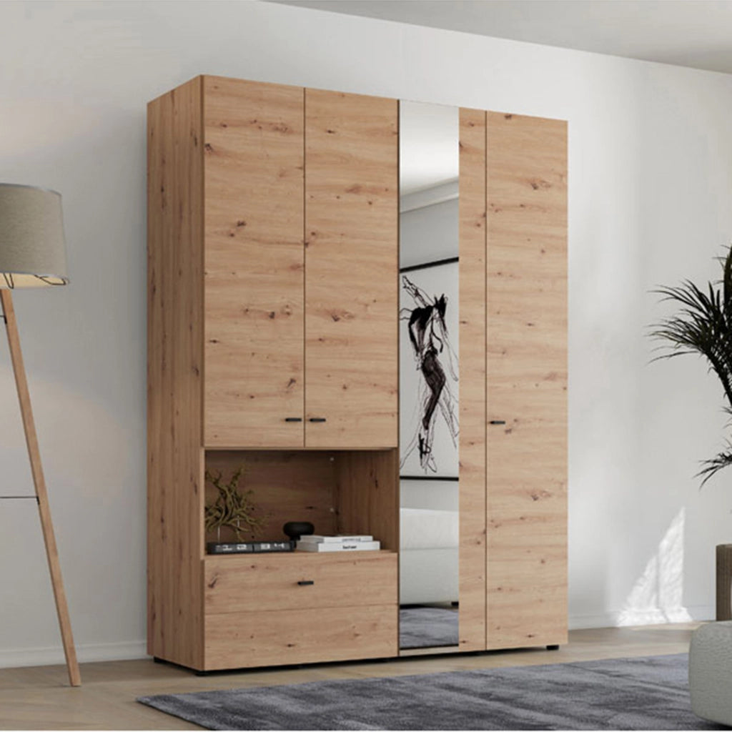Armadio Camera da Letto Omete, Guardaroba Grande 4 Ripiani, 155x208h cm Marrone Rovere Nodi