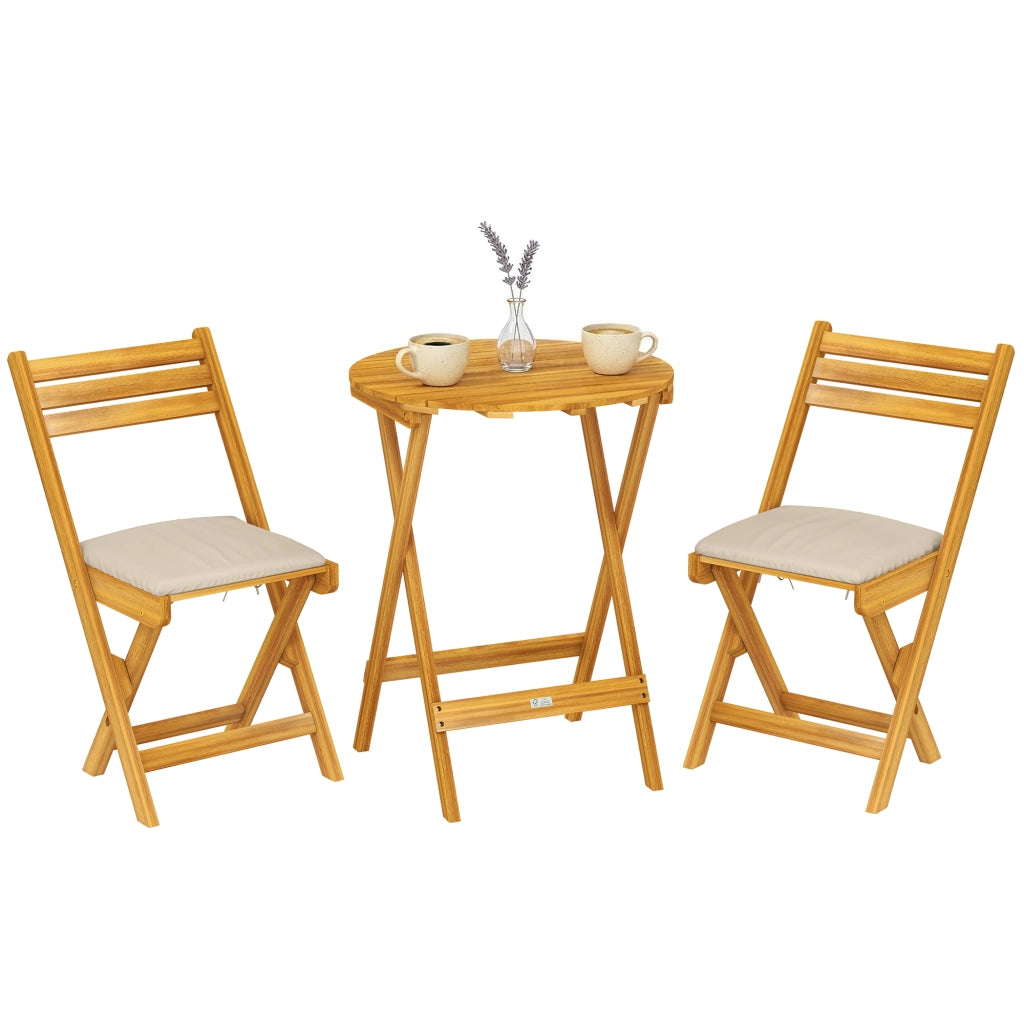 Set Bistr¨° Esterno: 2 sedie pieghevoli e tavolo rotondo, legno naturale.