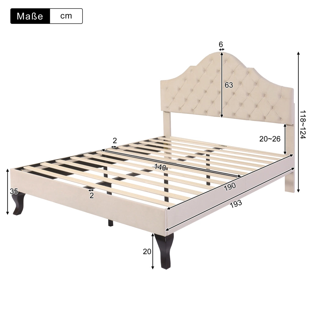 Letto imbottito 140x190 cm in velluto off white con rete