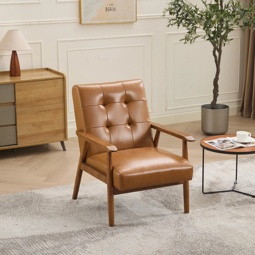 Poltrona Loungesessel con Schienale con Cuciture Pull-Point e Struttura Stabile, in Pelle, Legno, Marrone Chiaro