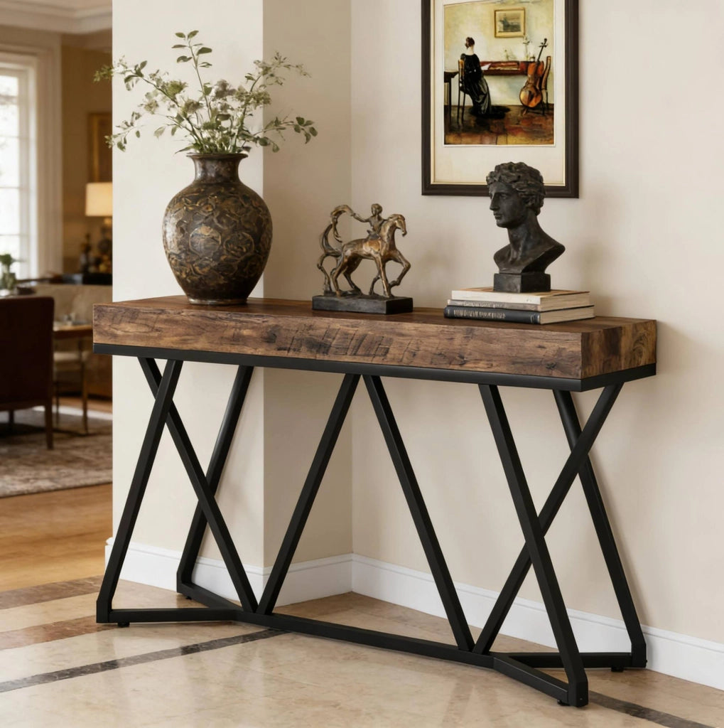 Tavolo consolle 140 x 30 cm in MDF e metallo nero/marrone rustico