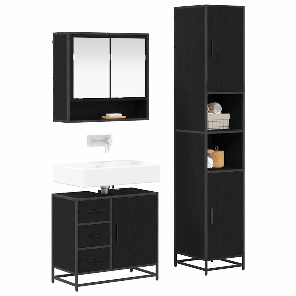 Set di mobili per il bagno 3 pcs Rovere Nero Legno multistrato