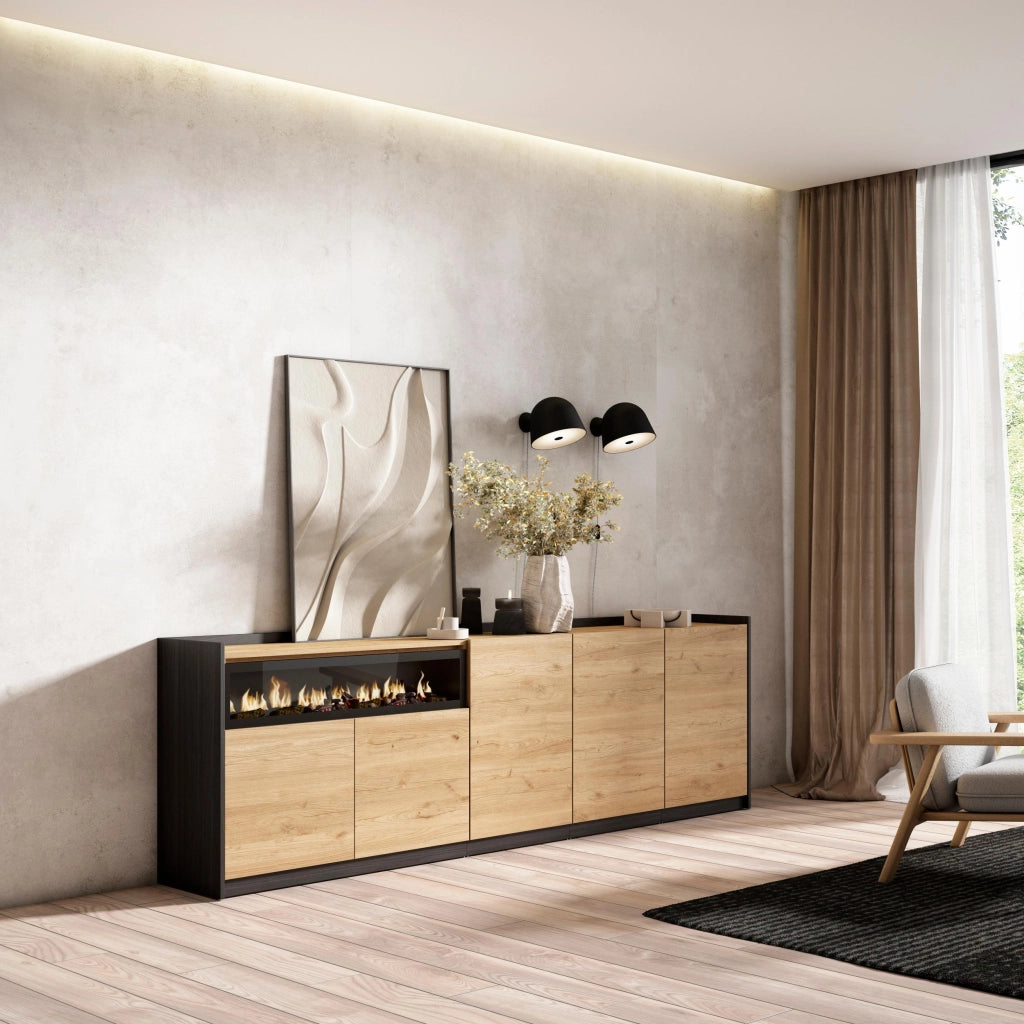 Credenza, Mobile, Cucina, 260x80x37 cm, 5 Porte, Camino elettrico, Rovere e nero