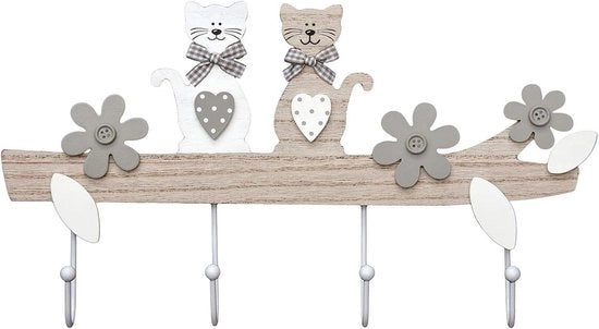 Kapstok con 4 Ganci - Hanger per Abito da Parete in Legno - Adatto per Giacche e Chiavi - 21cm x 40cm - Disegno di Gatto