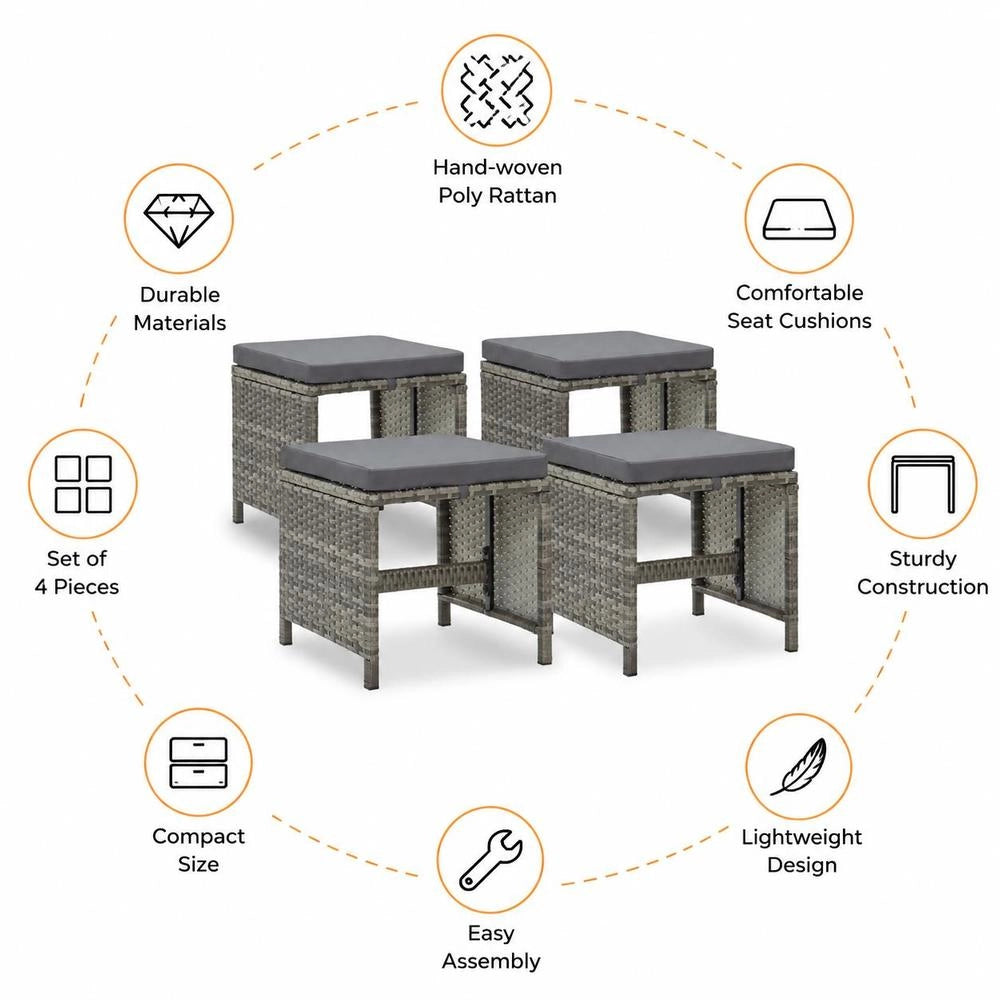 Garden Stools, Set Of 4, With Seat Cushions, Poly Rattan, Grey
