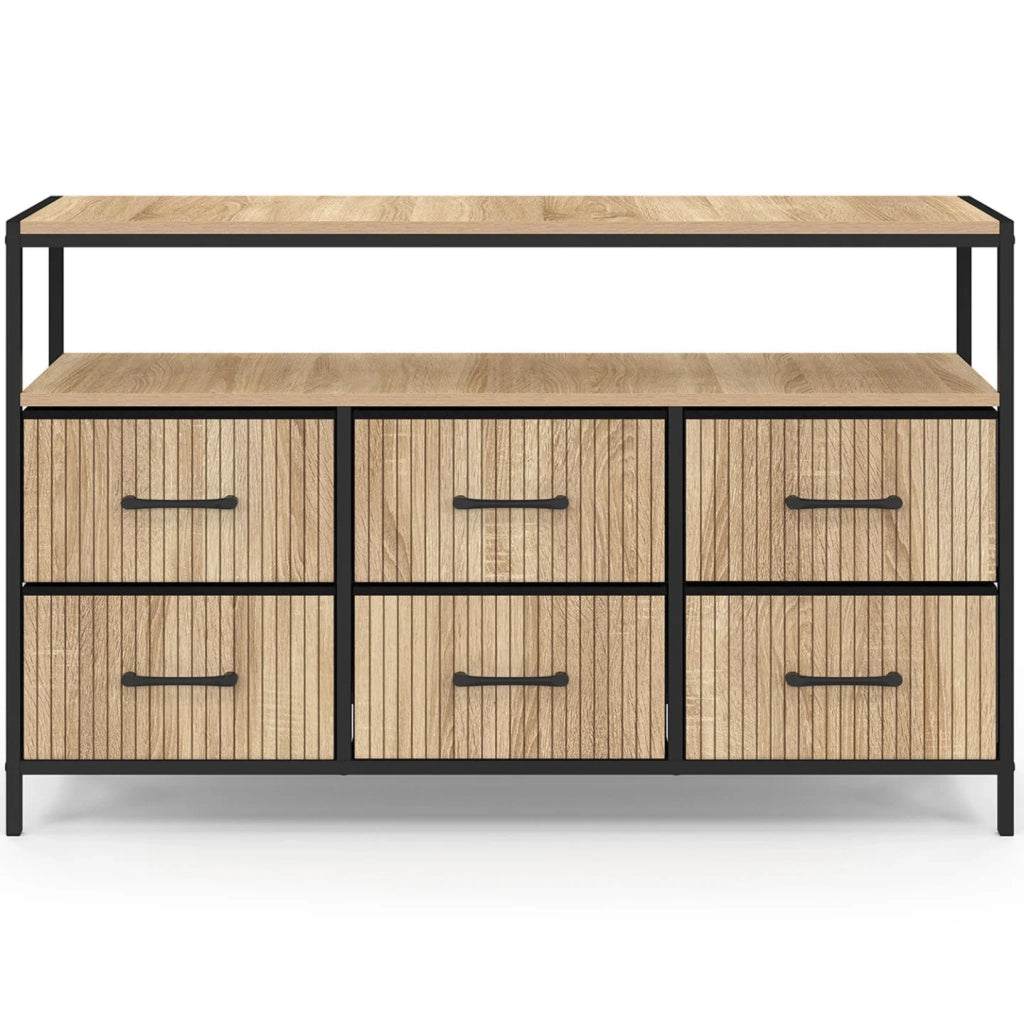 IDMarket - UTAH 115 CM Cassettiera in tessuto a 6 cassetti con effetto doghe in nicchia, mobile contenitore di design industriale