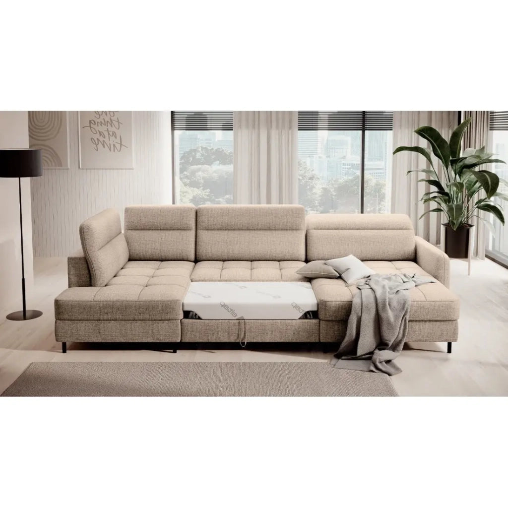 Divano angolare convertibile BERTHO 306 cm beige chiaro effetto melange – Angolo destro con contenitore