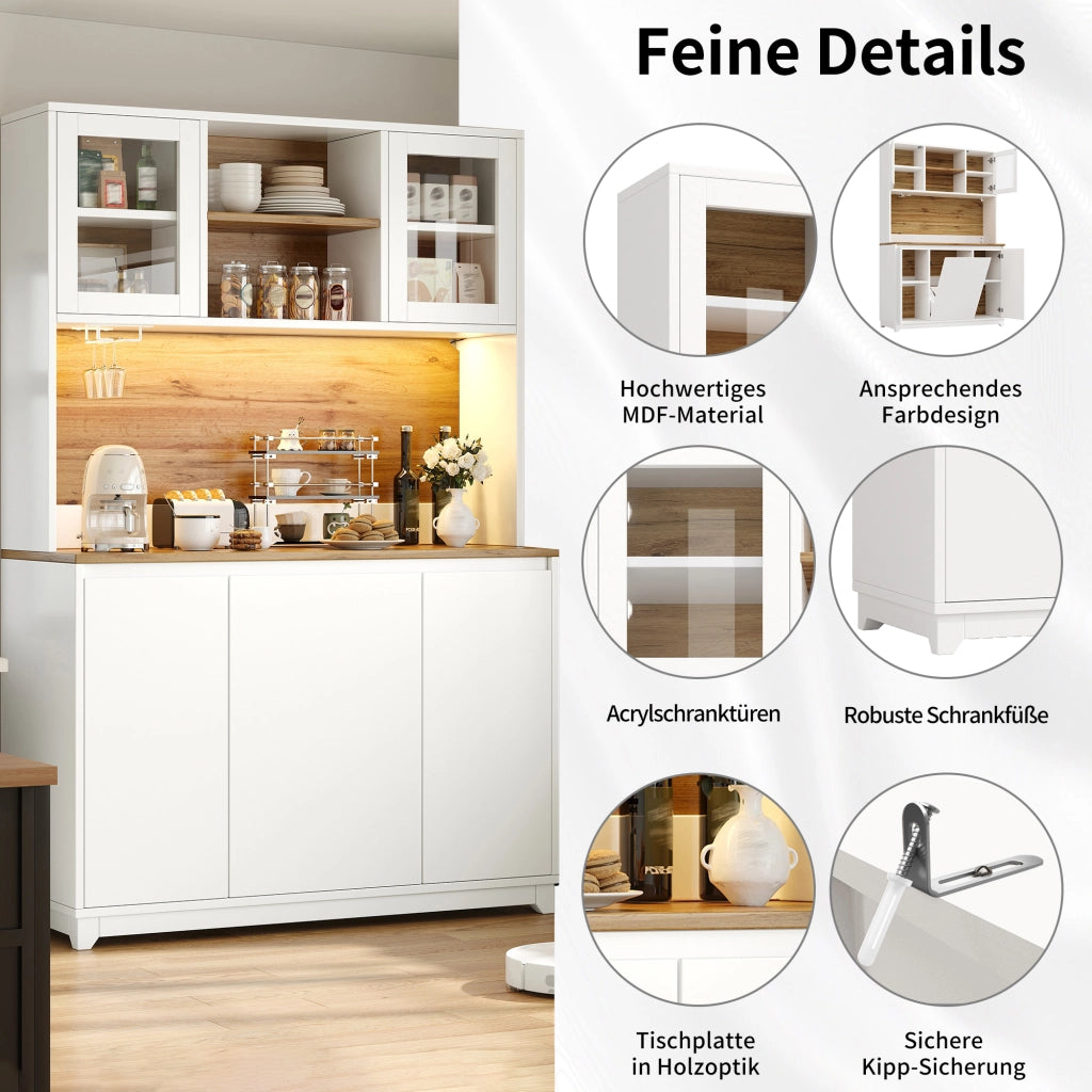 Credenza e madia con ante in acrilico, LED e vani aperti, per cucina e soggiorno, bianco, 120 × 40 × 180 cm