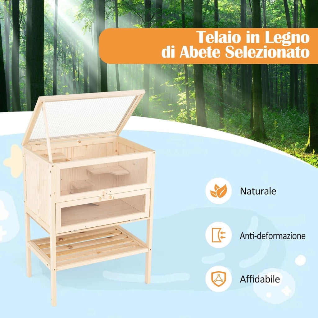 Gabbia per Criceti, Gabbia Criceti in Legno con Tetto a Rete, Aree Multiscala, Rampe, Ripiano Inferiore, Pannello in Acrilico, Porta Bloccabile, 60 x 40 x 80 cm