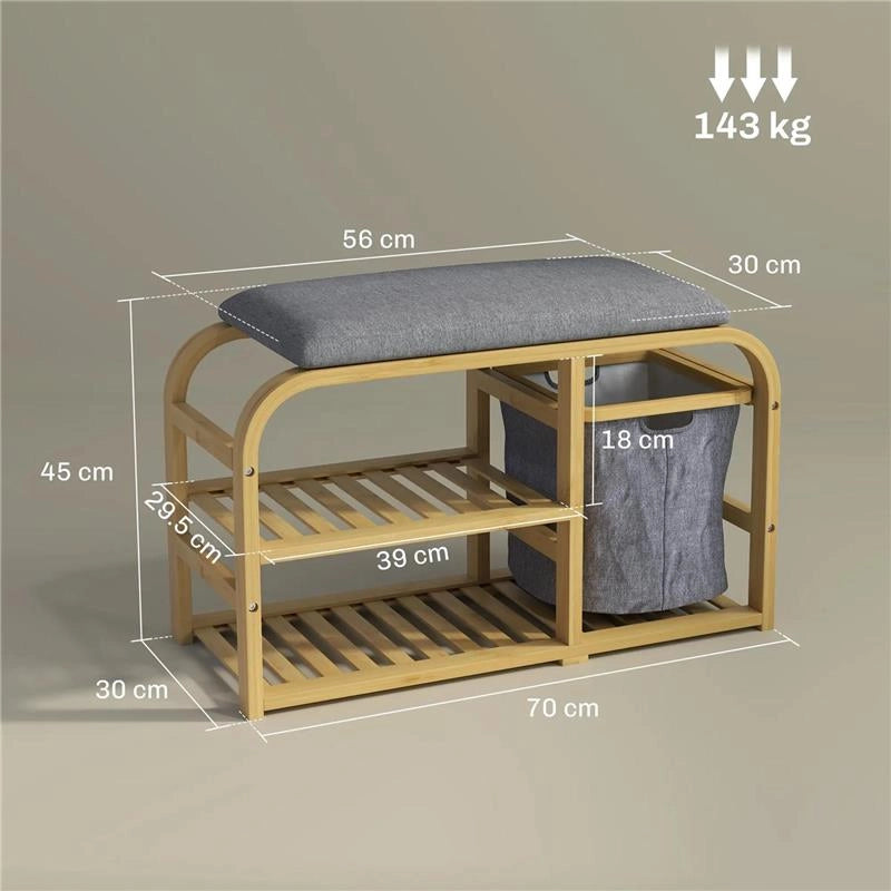 PANCA SCARPIERA DA INGRESSO CON SEDUTA IMBOTTITA DESIGN A DOGHE E CESTINO ESTRAIBILE 70X30X45 CM LEGNO