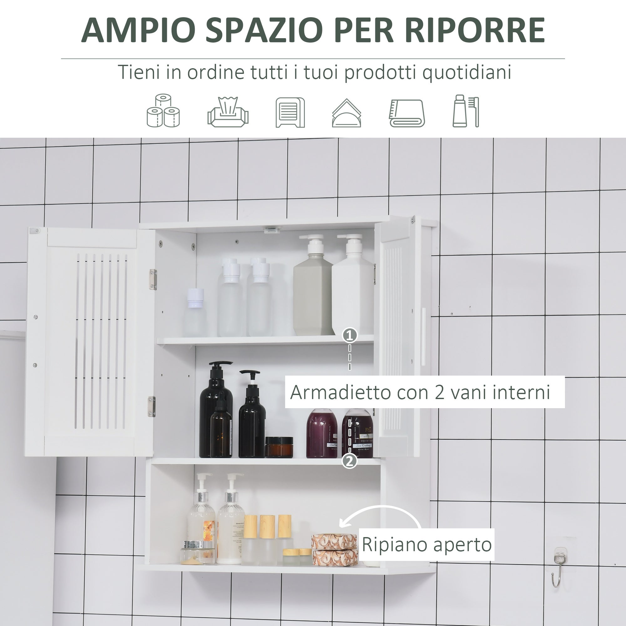 Mobiletto da Bagno a Muro 60x20x70 cm 2 Ante 1 Ripiano Bianco