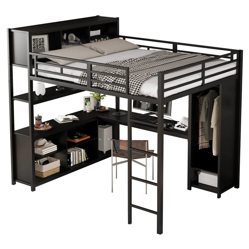 OKWISH Letto a Soppalco 140×200 cm, Letto Matrimoniale con Scrivania, Doppio Spazio Contenitore, Armadio e Vano Contenitore, senza Materasso, Nero