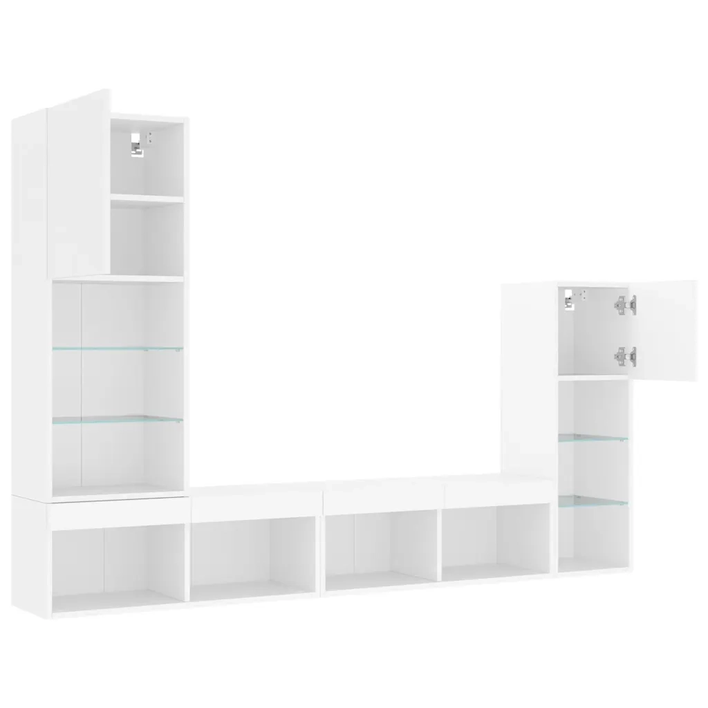Mobili TV a Muro con LED 4pz Bianchi in Legno Multistrato