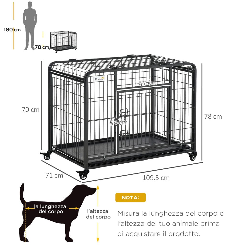 EasyComfort Kennel Gabbia per Cani Pieghevole Doppia Porta con Blocco 4 Ruote con Freno e Fondo Rimovibile, 109.5x71x78cm