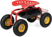 Sgabello da Giardino, Sgabello per Giardinaggio con Ruote, Sedile Regolabile in Altezza e Girevole a 360°, Cestello e Vassoio, Carrello per Prato e Giardino, Portata 150 kg(Rosso)