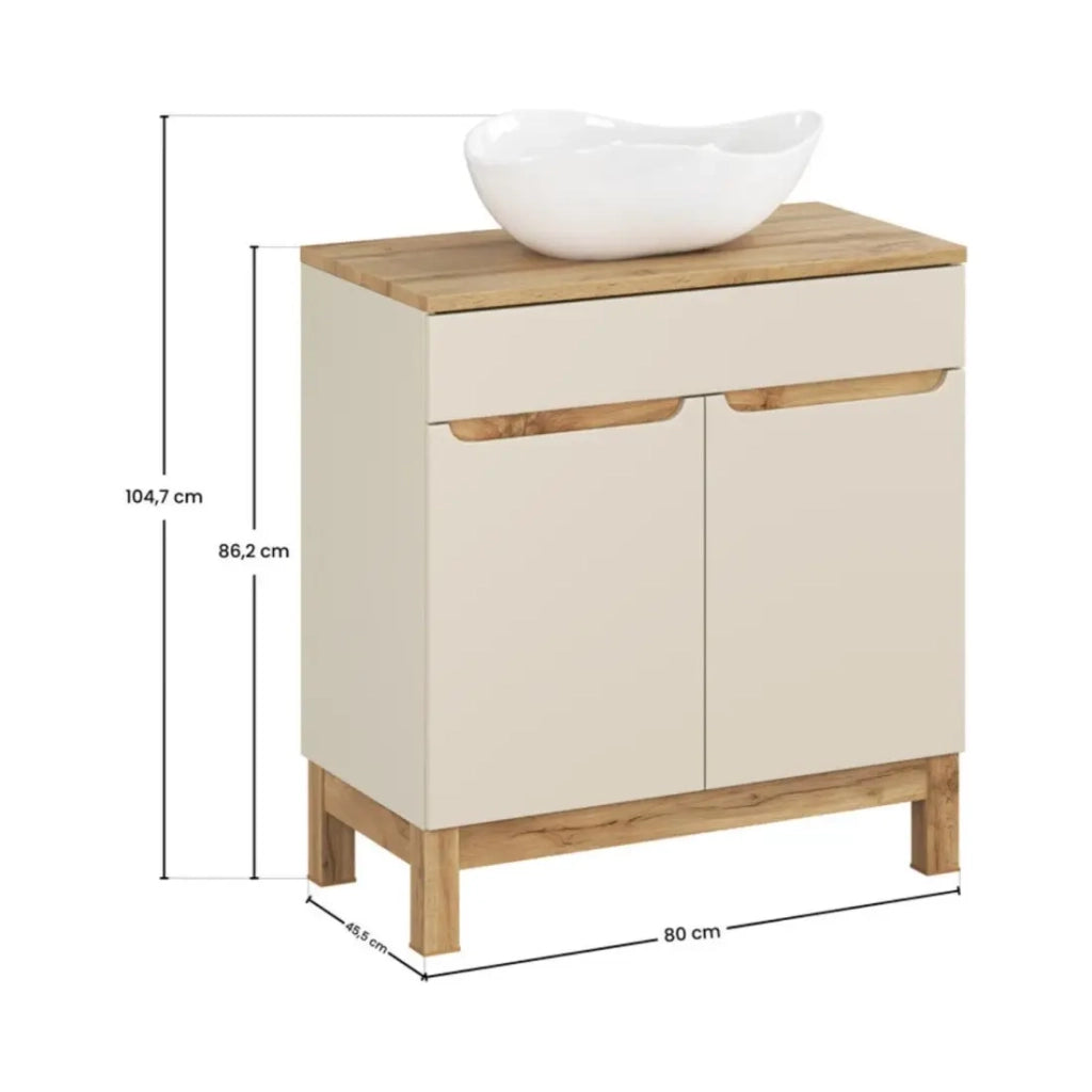 Set ERMANO in cashmere e finitura rovere 80cm: mobile sotto lavabo + piano per lavabo + lavabo da appoggio bianco asimmetrico