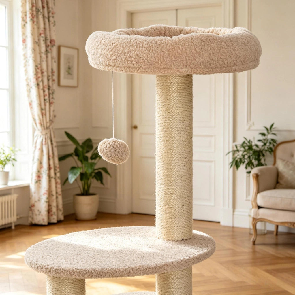 Tiragraffi per Gatti Beige 148 cm con Cuccia, Pallina e Sisal