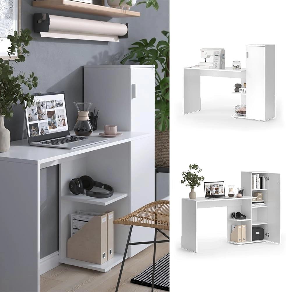 Scrivania per computer Ritz, Bianco, 141.2 x 45.2 cm, per l’utilizzo come scrivania con modulo scaffale laterale