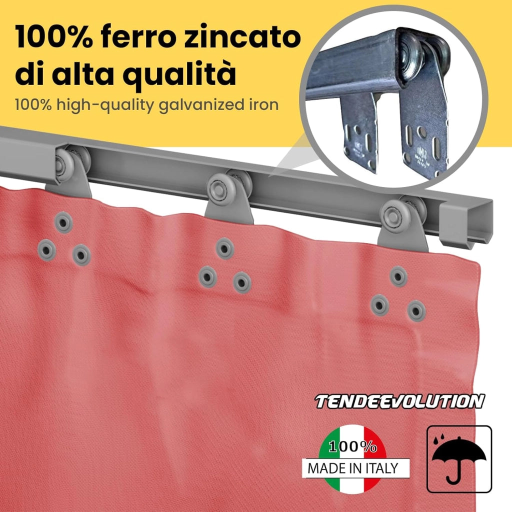 Binario Monorotaia MR3 in Ferro Zincato, Lunghezza 200cm con 5 Scorrevoli Inclusi - Ideale per Teli PVC, Tettoie, Gazebi, Pergole, Capanni